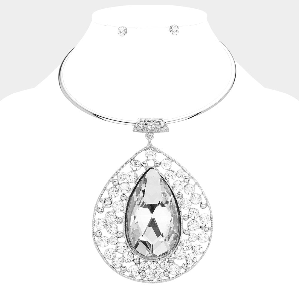 Teardrop Centered Bubble Stone Cluster Choker Evening Necklace