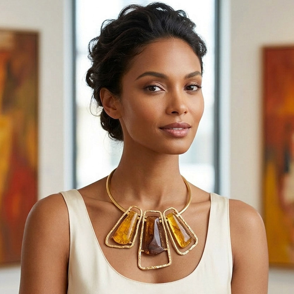 Bold Geometric Triple Stone Accent Choker Necklace