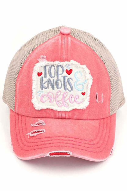 C.C DISTRESSED TOP KNOTS AND COFFEE PATCH PONYCAP