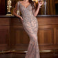 Vestido Ladivine CR879 plateado nude de noche con cuentas