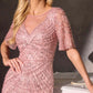 Vestido de gala Ladivine CR887 con cuello redondo, manga corta con volantes y superposición de tul con cuentas
