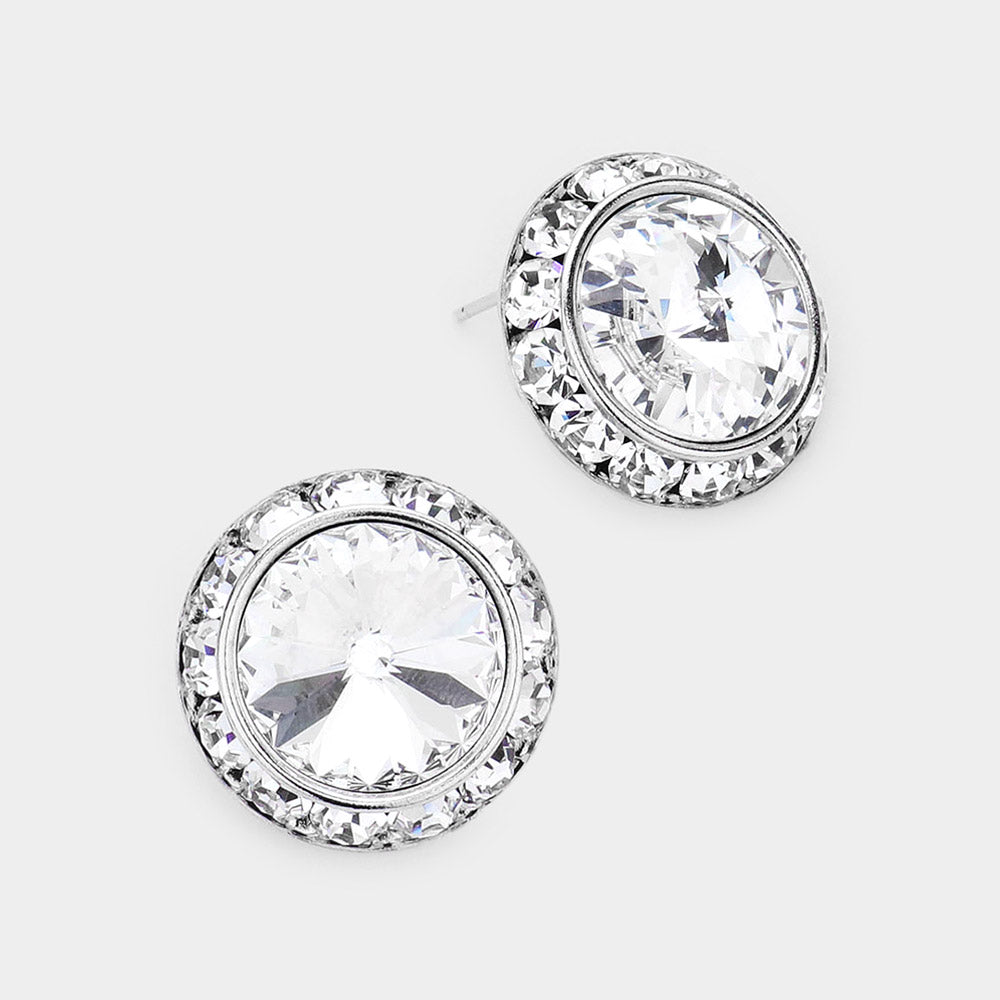 Women's Rivoli Cut Genuine Crystal Round Stud Earrings