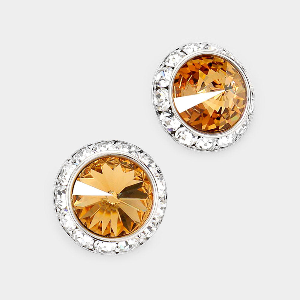 Women's Rivoli Cut Genuine Crystal Round Stud Earrings