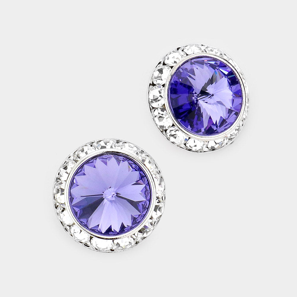 Women's Rivoli Cut Genuine Crystal Round Stud Earrings