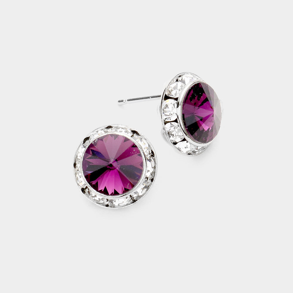 Women's Rivoli Cut Genuine Crystal Round Stud Earrings