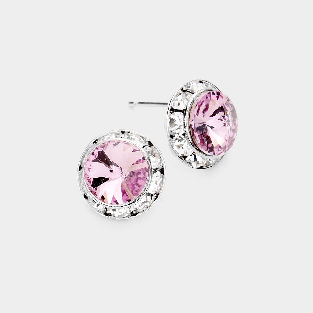 Women's Rivoli Cut Genuine Crystal Round Stud Earrings