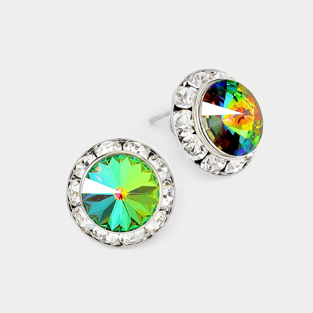 Women's Rivoli Cut Genuine Crystal Round Stud Earrings