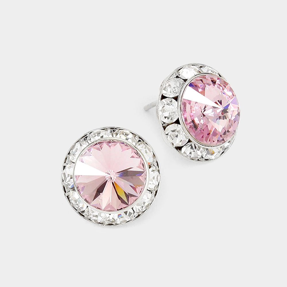 Women's Rivoli Cut Genuine Crystal Round Stud Earrings