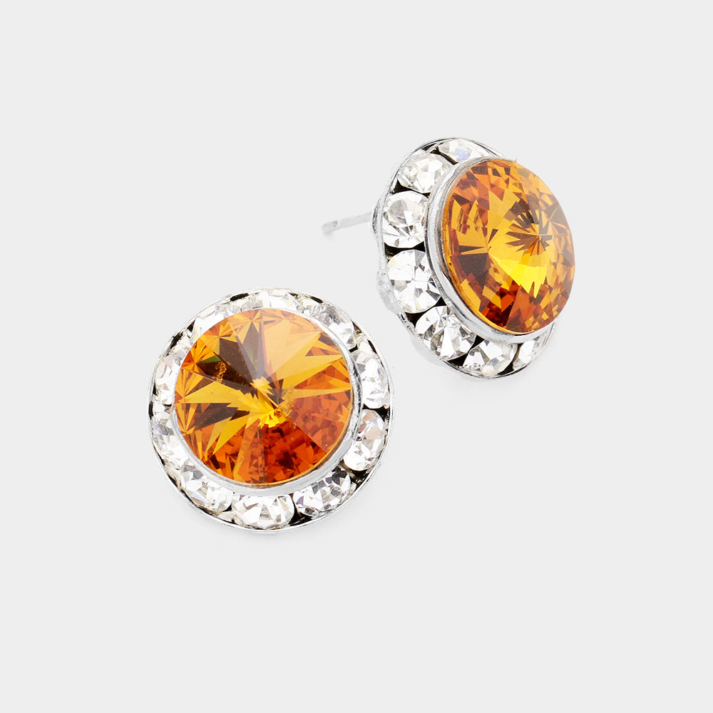 Women's Rivoli Cut Genuine Crystal Round Stud Earrings