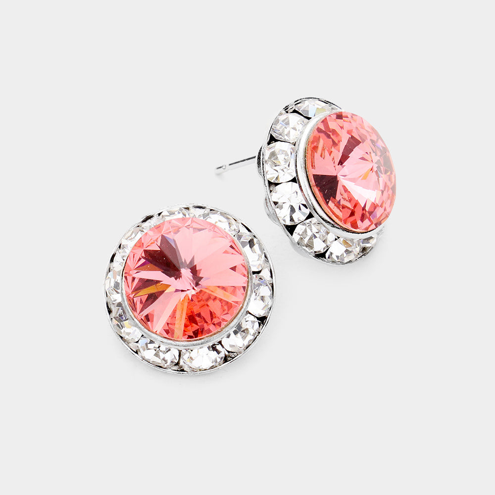 Women's Rivoli Cut Genuine Crystal Round Stud Earrings