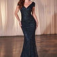 Ladivine CZ0029 Long Beaded Cap Sleeve Fitted Dress