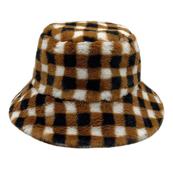 Checkered Faux Fur Bucket Hat