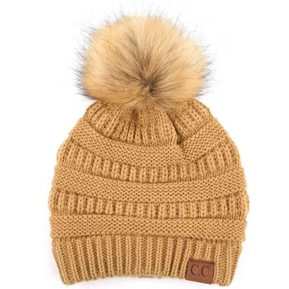 C.C Solid Ribbed Knit Beanie with Pom