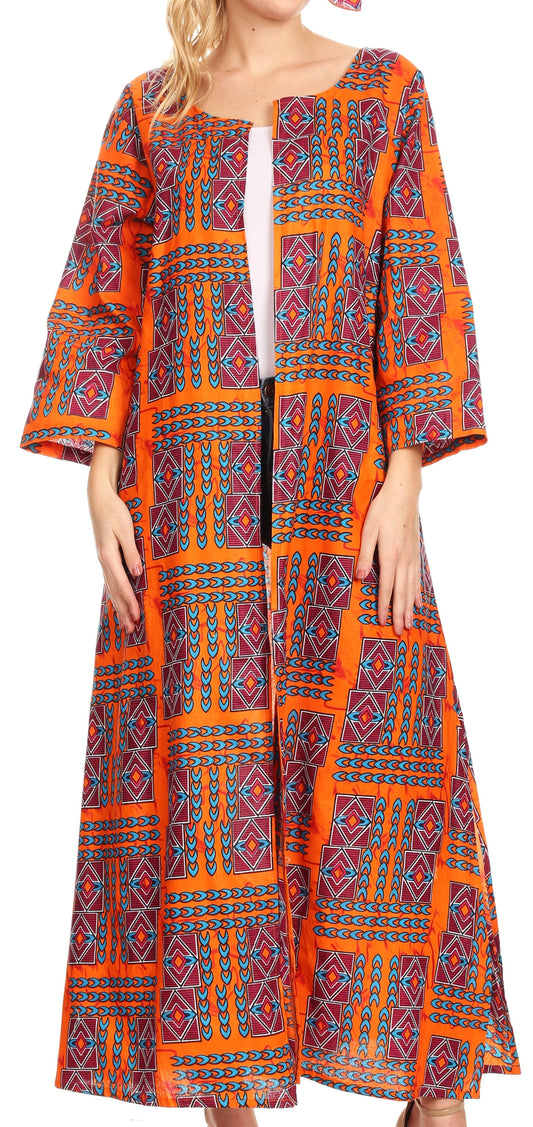 Sakkas Bolanile Cárdigan Largo con Manga Larga y Estampado Africano Ankara con Pañuelo para la Cabeza