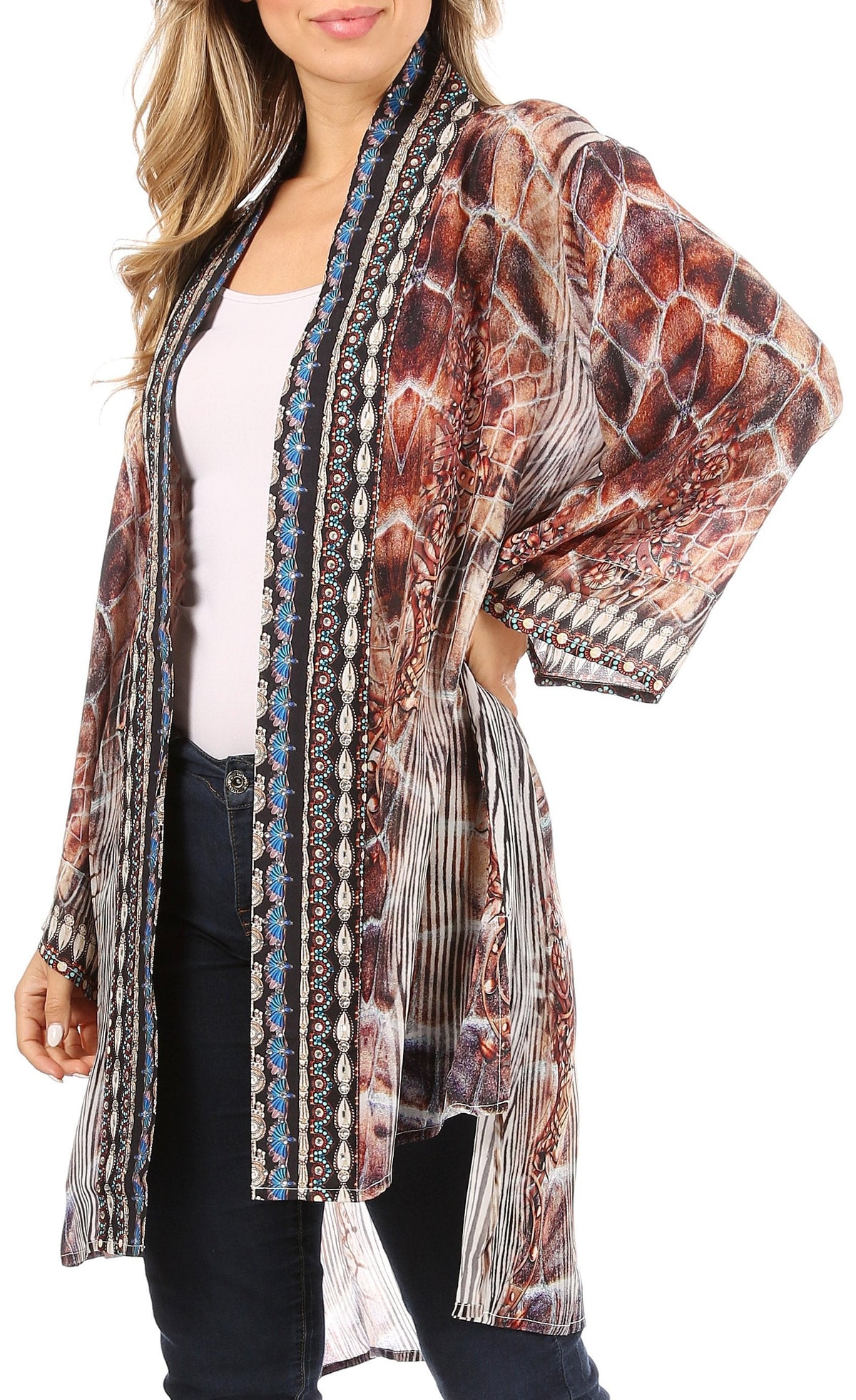 Sakkas Aremi Women Floral Printed Open Front Cardigan Top Boho Casual Short Sleeve