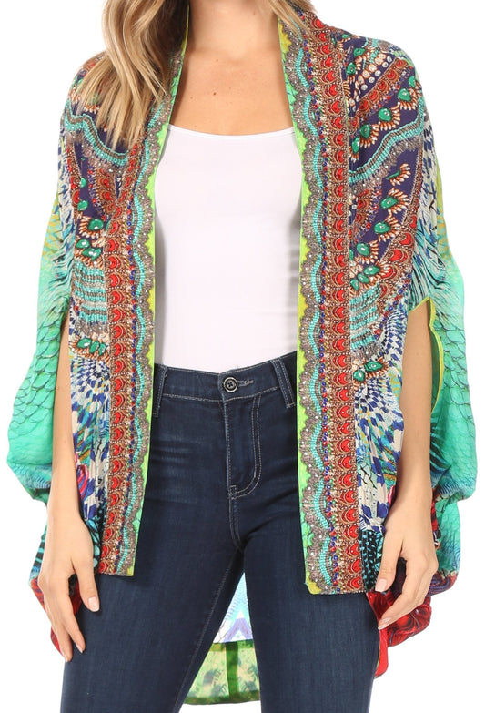 Sakkas Jenna Kimono Bohemio Transparente Casual para Mujer, Cárdigan Suelto Estampado de Moda
