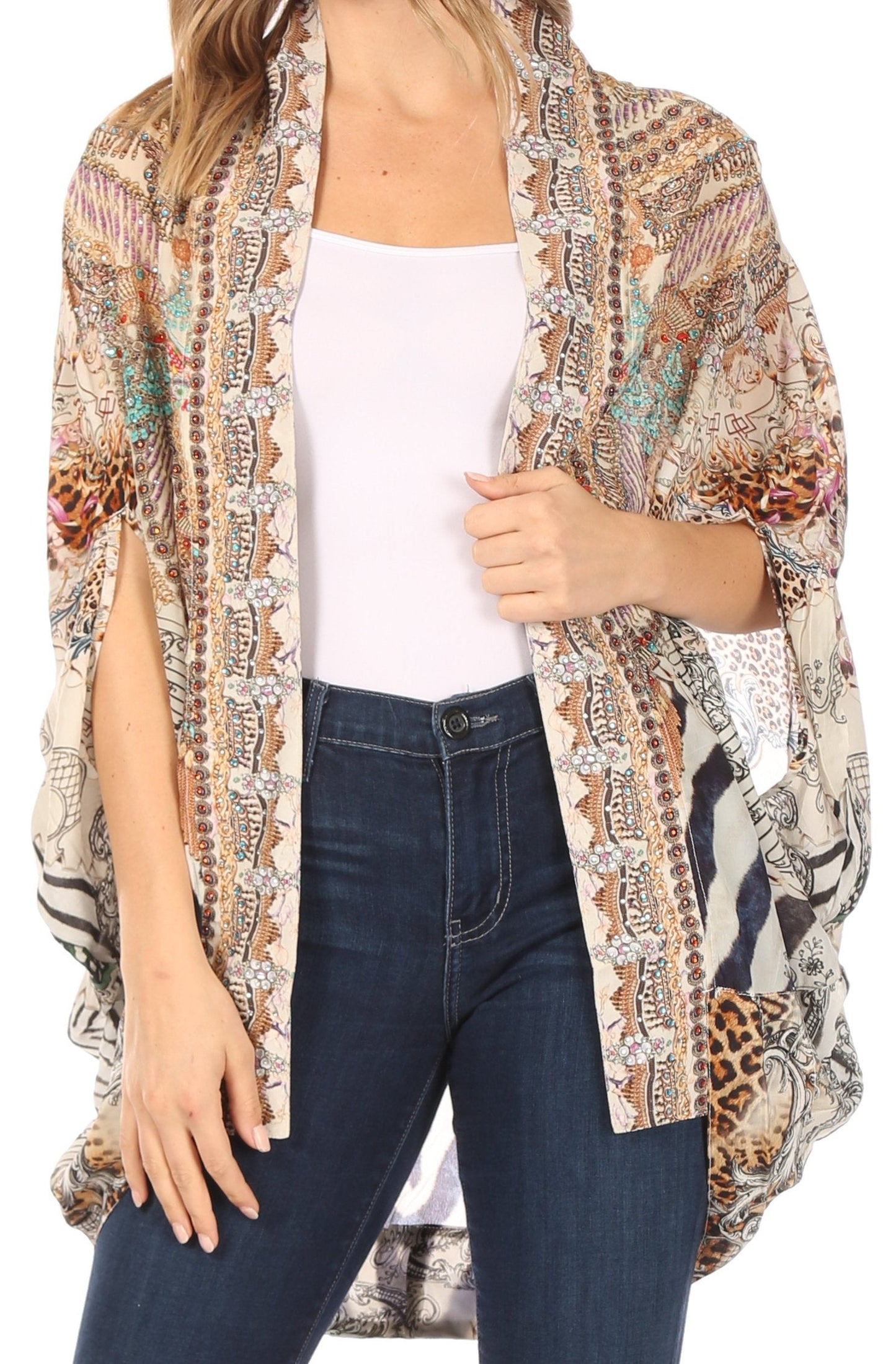 Sakkas Jenna Women's Casual Boho Sheer Kimono Loose Cardigan Cape Trendy Printed