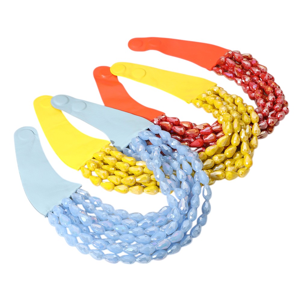 Women's Chunky Acrylic Teardrop Beaded Multi-Layer Faux Leather Statement Necklace