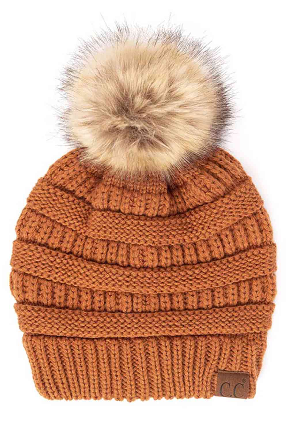 C.C Solid Ribbed Knit Beanie with Pom