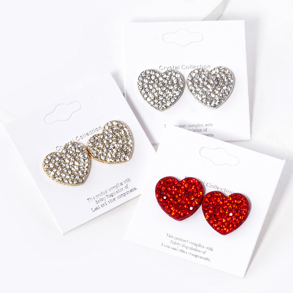 Crystal Stone Paved Heart Stud Earrings