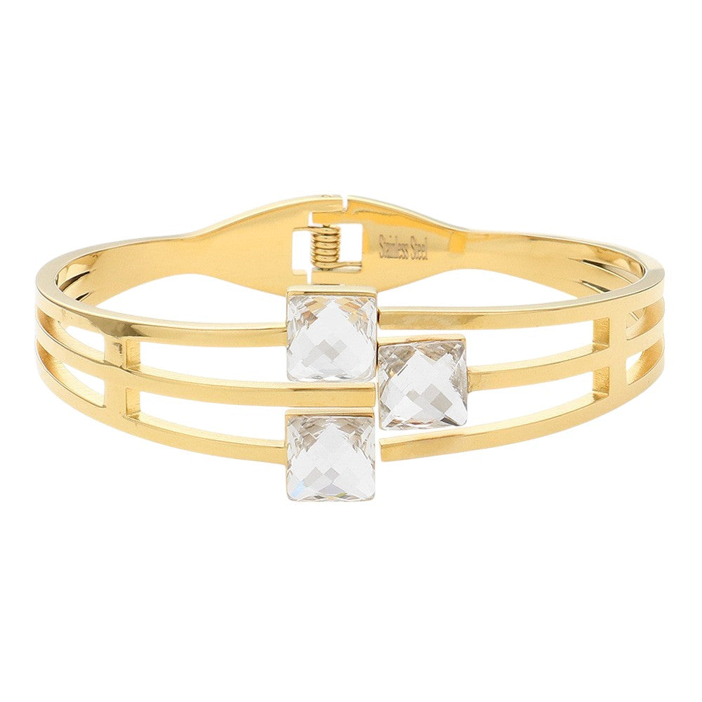 Stainless Steel Triple Square Stone Pointed Hinged Bangle Bracelet