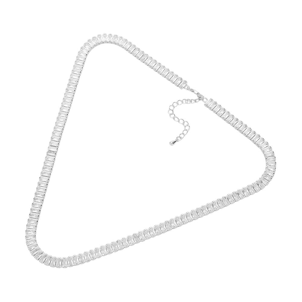 Stainless Steel Emerald Cut CZ Stone Tennis Chain Necklace