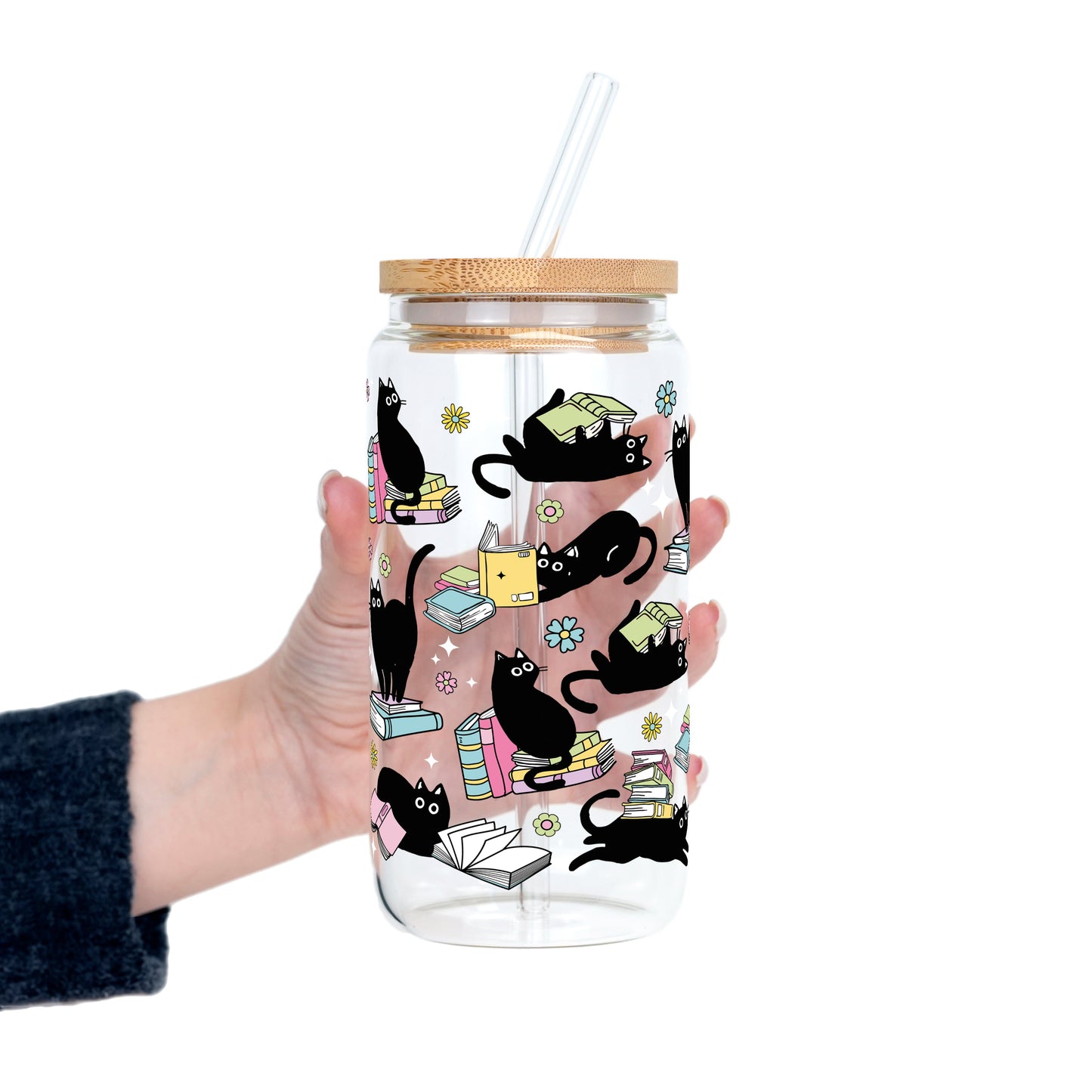 Black Cats on Books Glass Cups