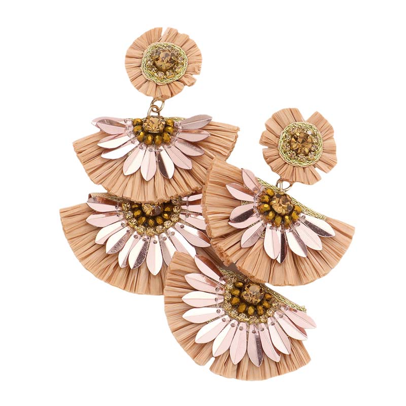 Stone Embellished Half Round Raffia Link Dangle Earrings