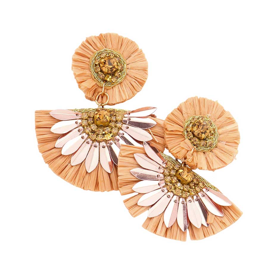 Stone Embellished Floral Raffia Link Dangle Earrings