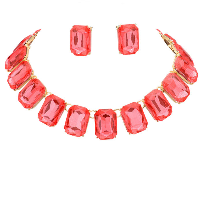 Emerald Cut Stone Link Evening Necklace Earring Set