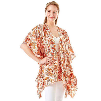 Floral Paisley Printed Ruffle Sleeves Cover Up Kimono Poncho