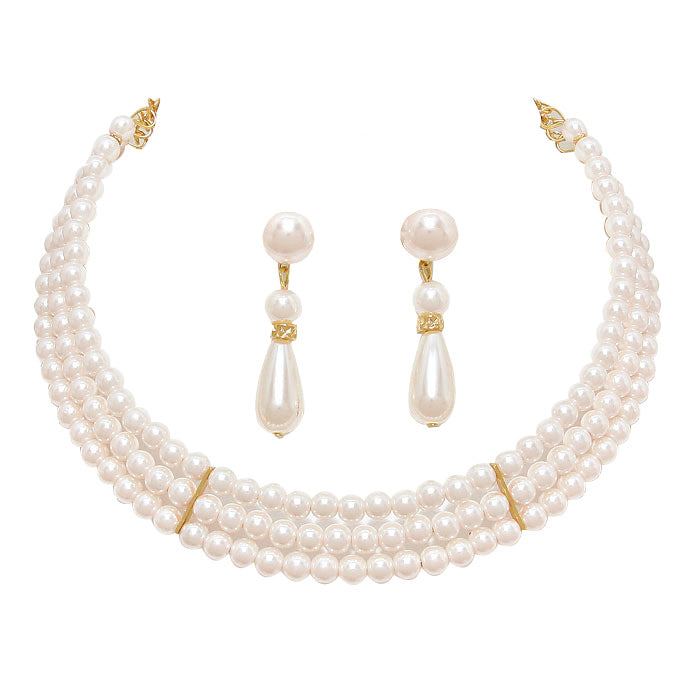 3 Row Pearl Necklace Earring Set