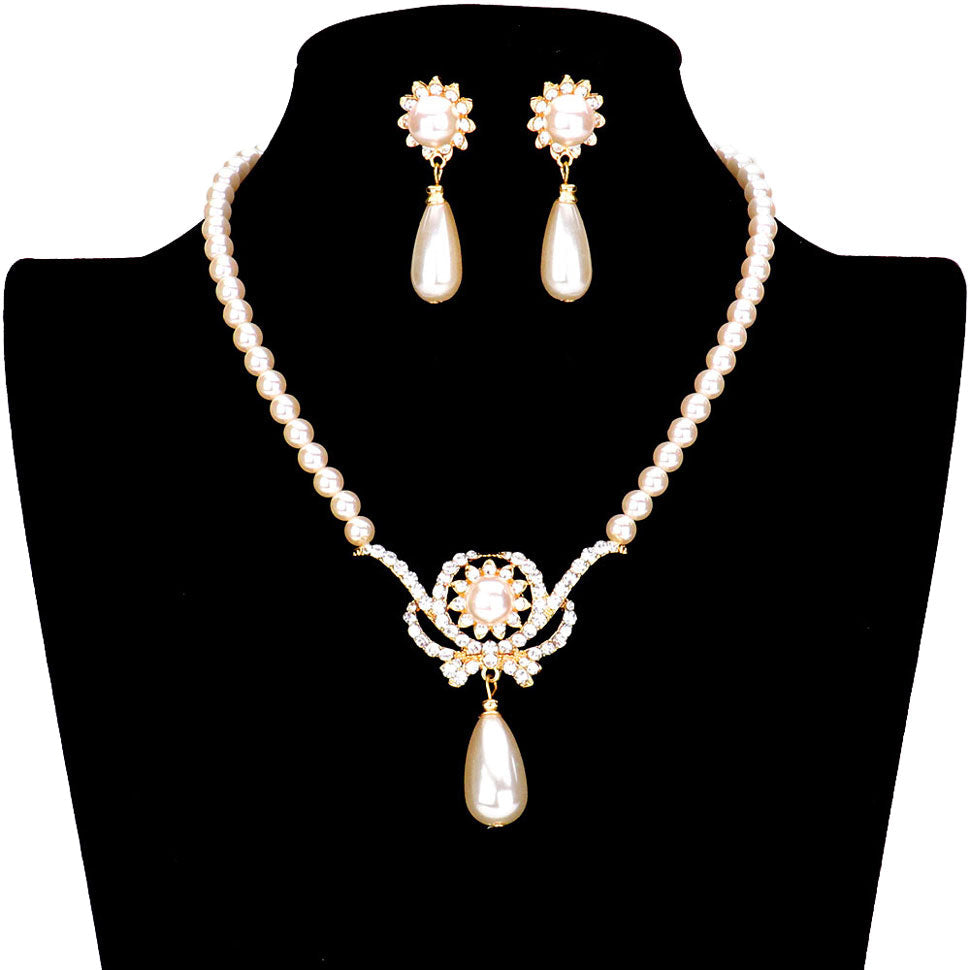 Stone Embellished Metal Pearl Link Necklace Earring Set