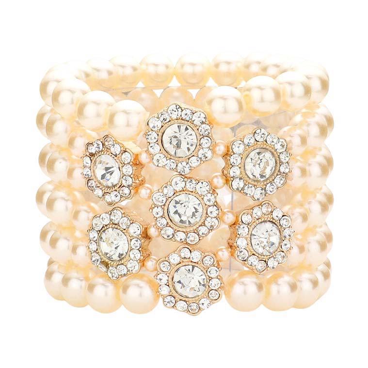 Stone Embellished Multi Layered Pearl Stretch Bracelet