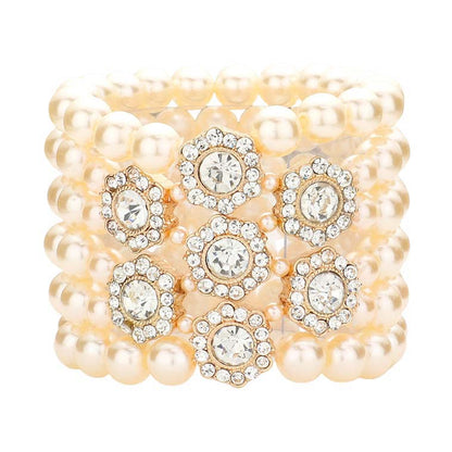 Stone Embellished Multi Layered Pearl Stretch Bracelet