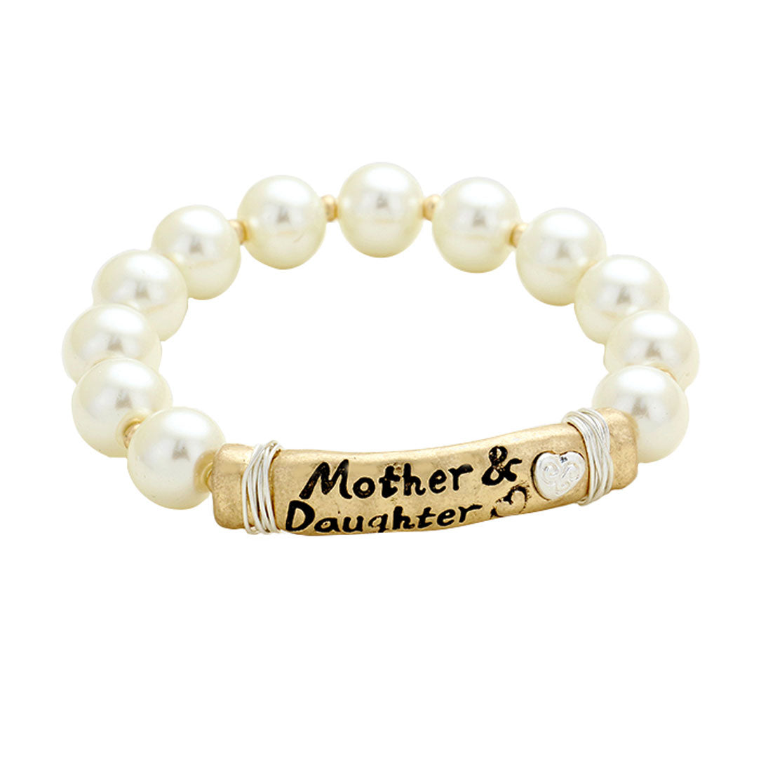 Mother & Daughter Heart Message Bar Pearl Stretch Bracelet