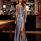 Nox Anabel D1766 Shiny Satin Prom Gown Plunging V-Neckline