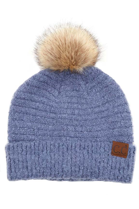 C.C Solid Boucle Yarn Beanie Hat With Pom