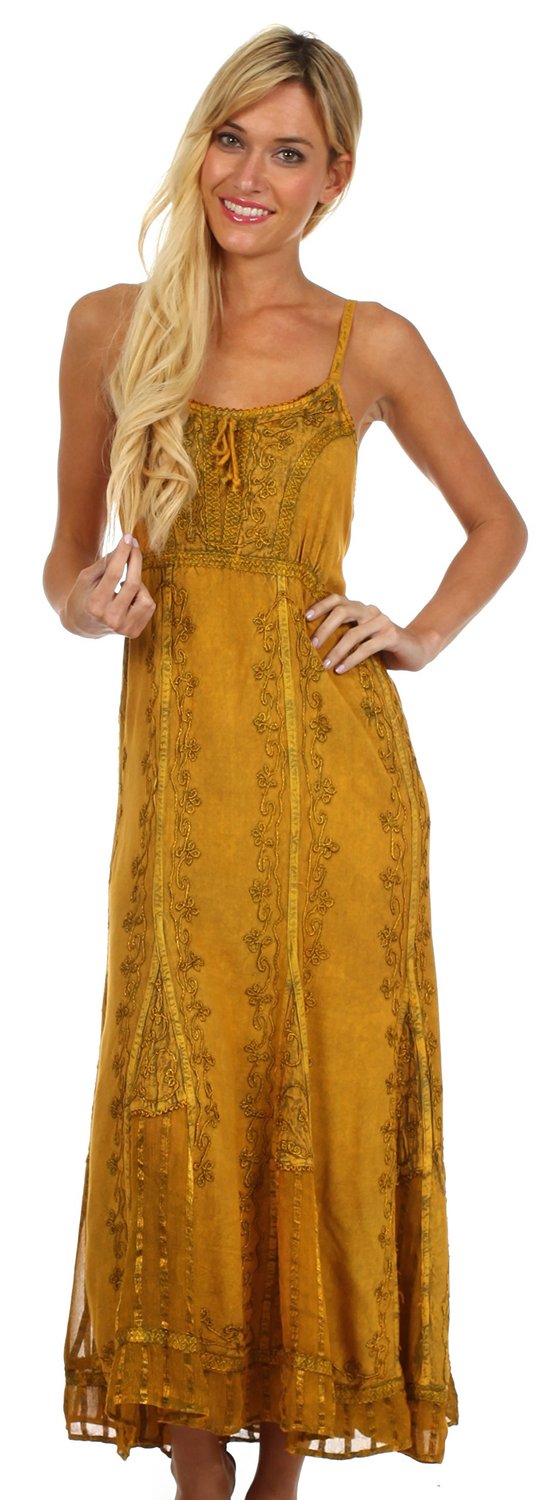 Sakkas Stonewashed Empire Waist Floral Vine Trumpet Crepe Inlay Ruffle Hem Dress
