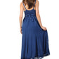 Sakkas Stonewashed Empire Waist Floral Vine Trumpet Crepe Inlay Ruffle Hem Dress