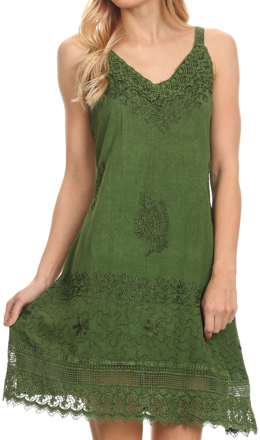 Sakkas Ameelynn Short Embroidered Batik Festival Sleeveless Spaghetti Strap Dress