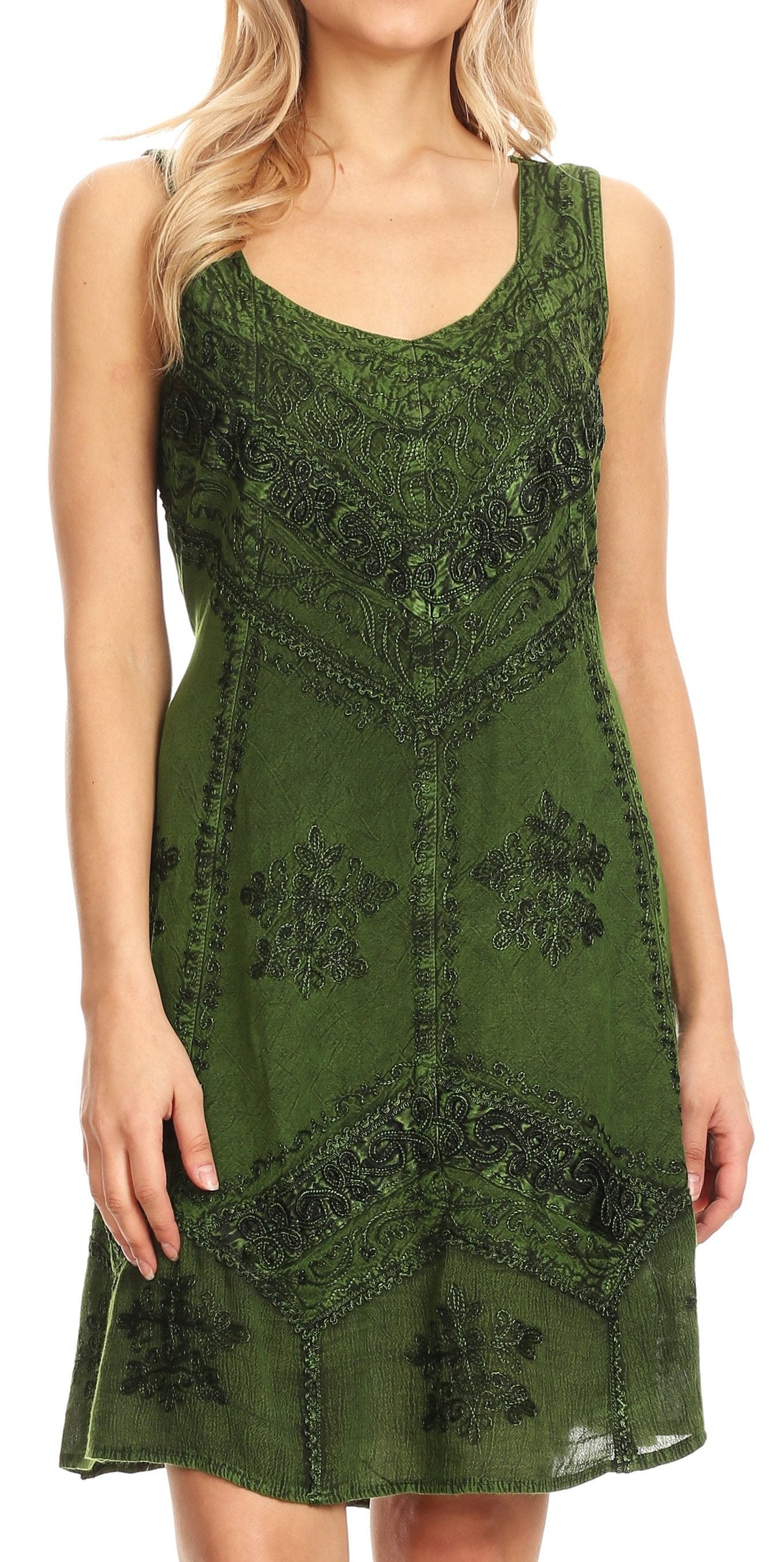 Sakkas Sudha Stonewash Embroidery Mid Length Adjustable dress