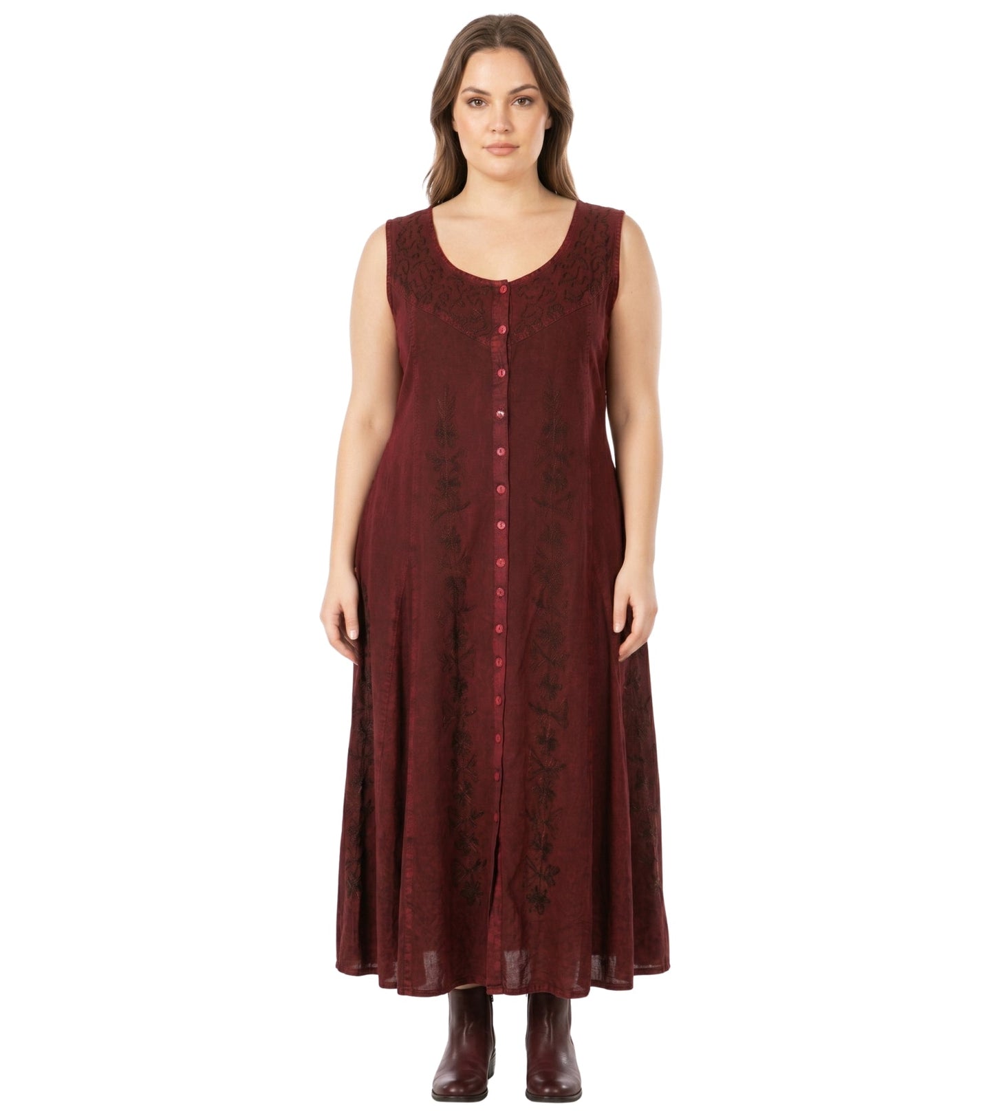 Sakkas Maya Floral Embroidered Sleeveless Button Up Rayon Dress