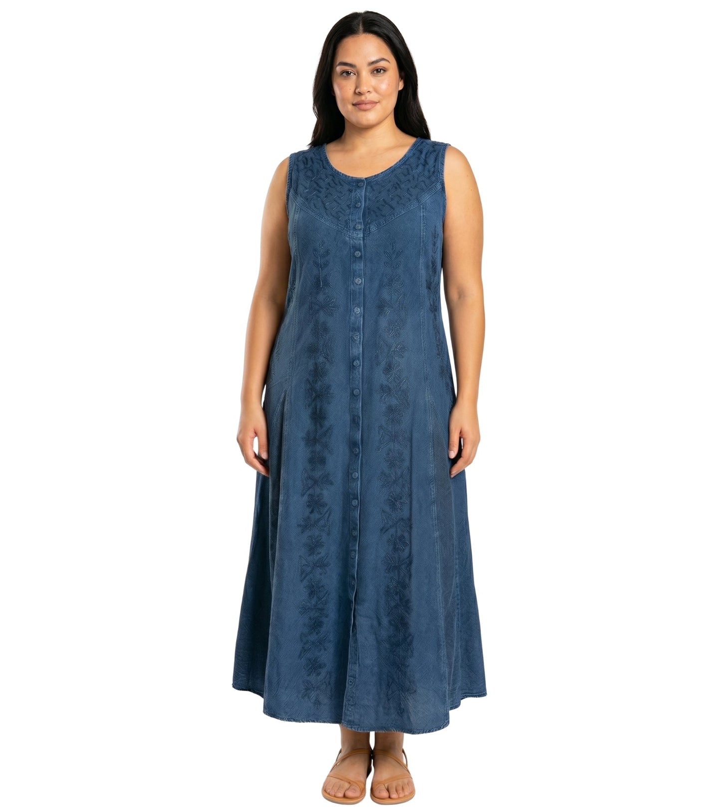 Sakkas Maya Floral Embroidered Sleeveless Button Up Rayon Dress