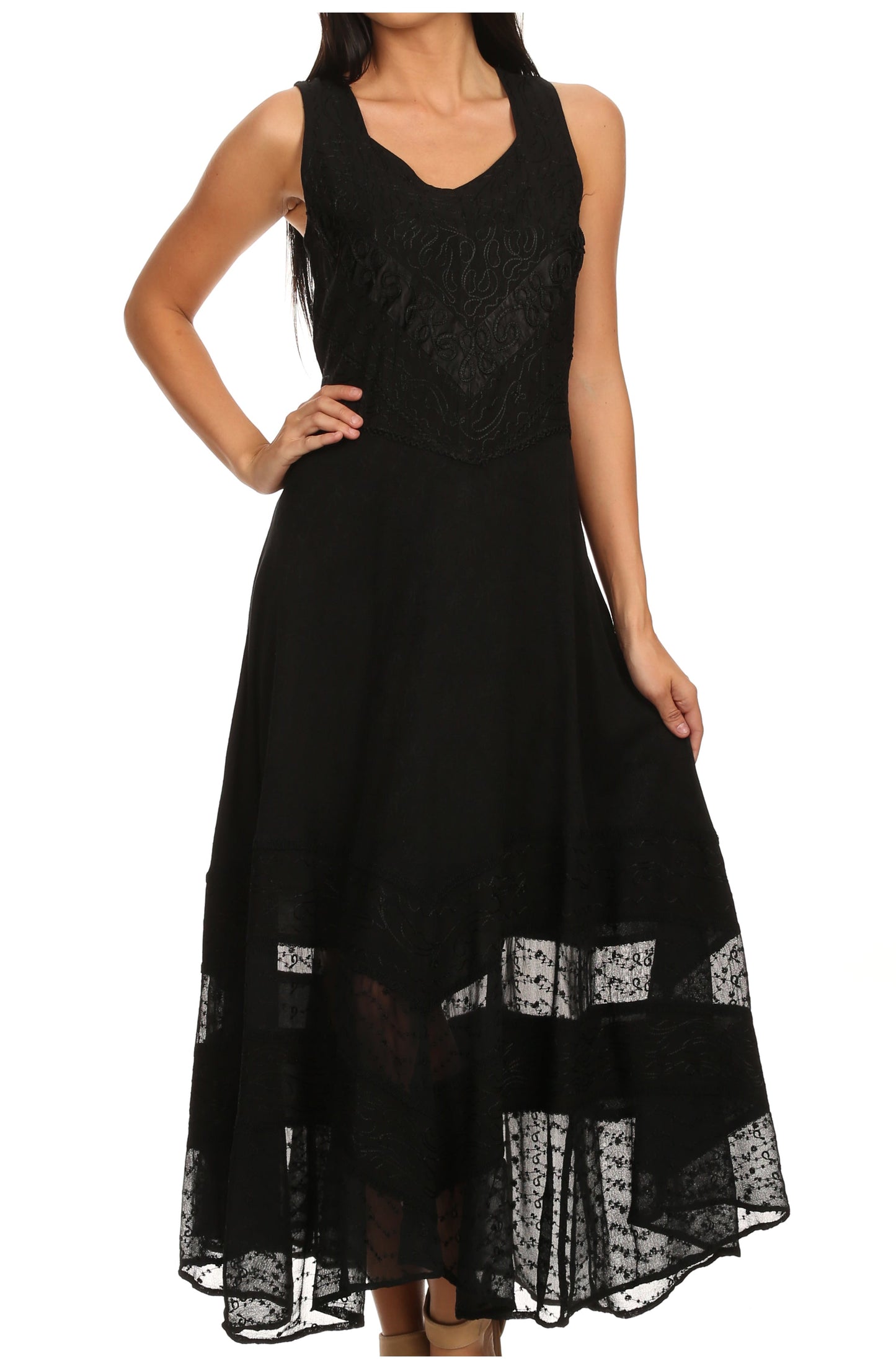 Sakkas Zendaya Stonewashed Rayon Embroidered Floral Vine Sleeveless V-neck Dress