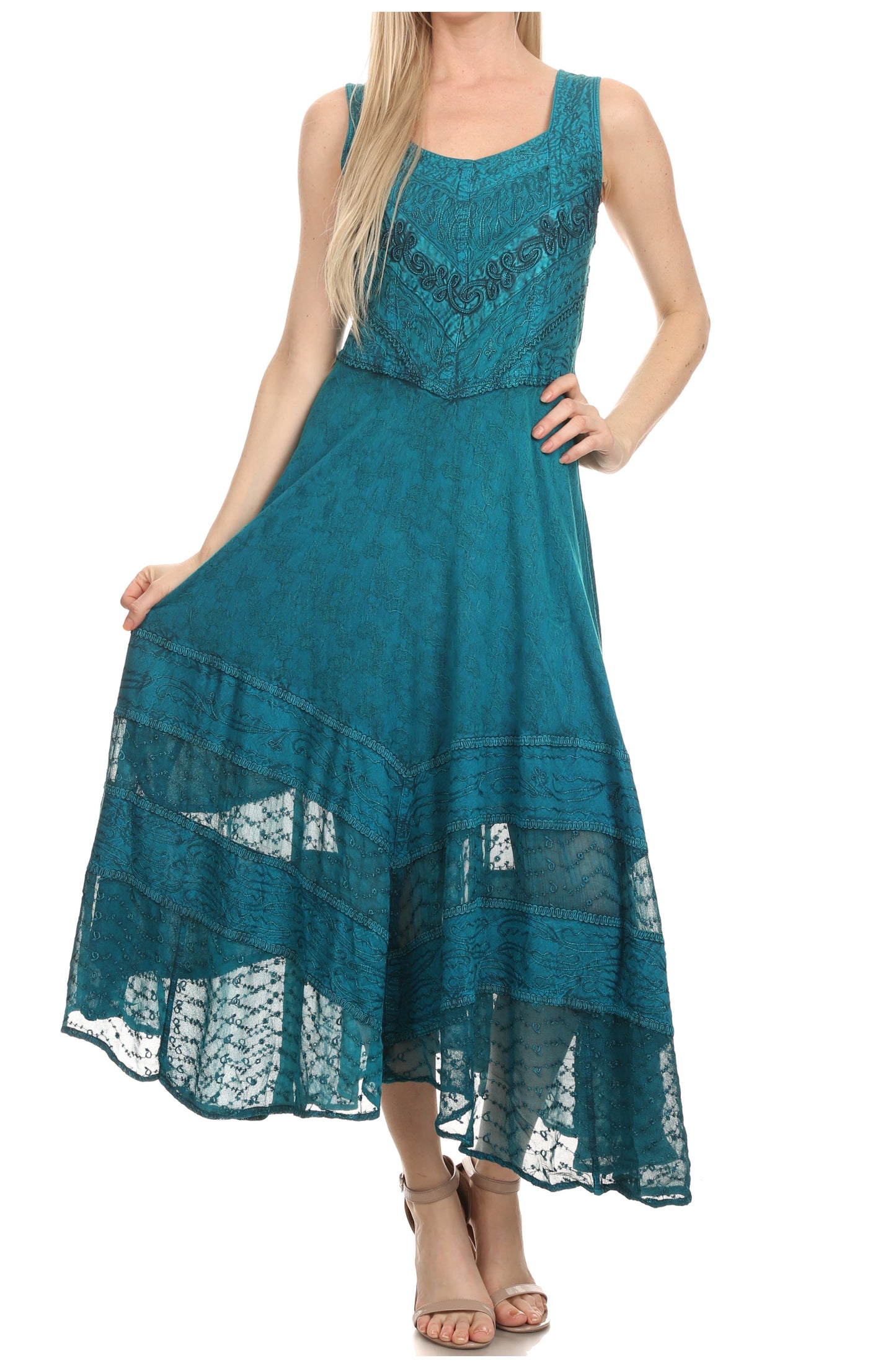 Sakkas Zendaya Stonewashed Rayon Embroidered Floral Vine Sleeveless V-neck Dress