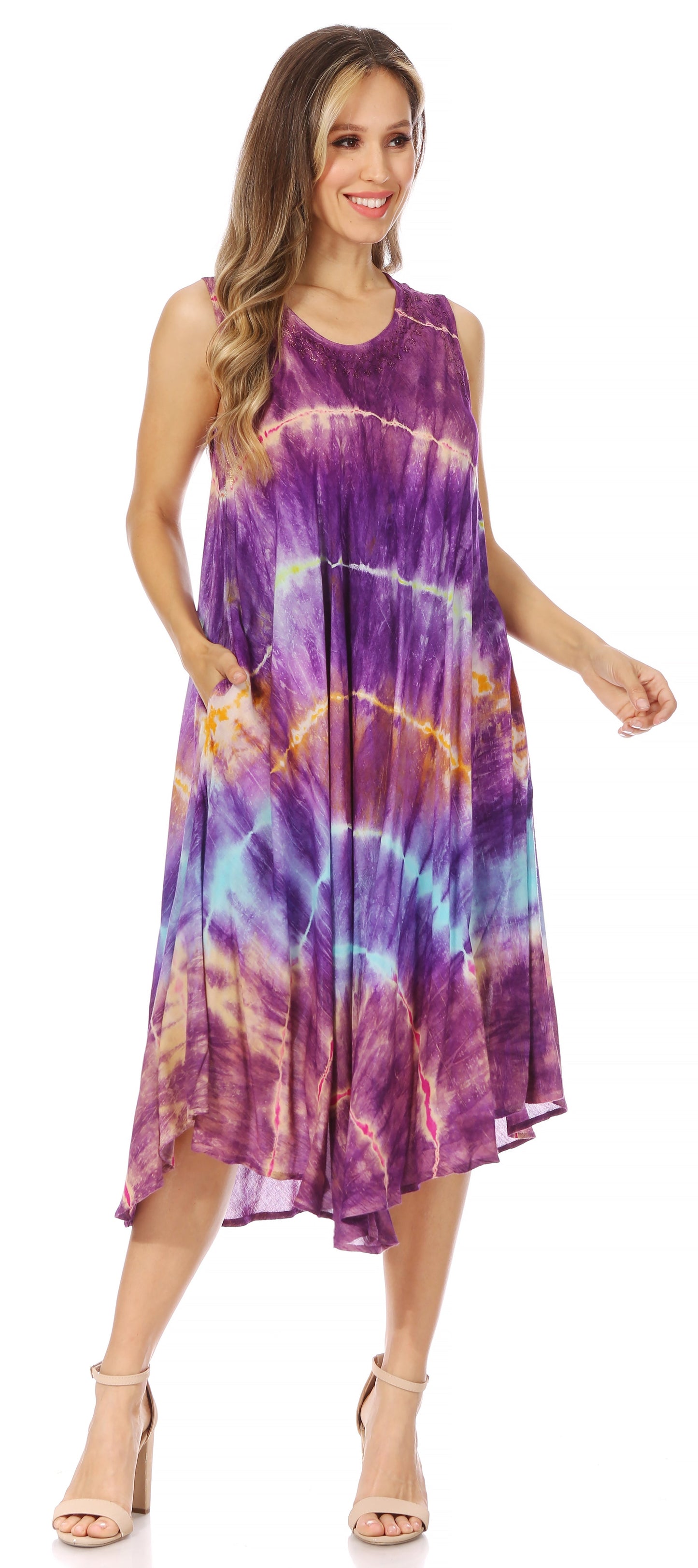Sakkas Nora Sleeveless Embroidered Short Tie Dye Caftan Dress / Cover Up