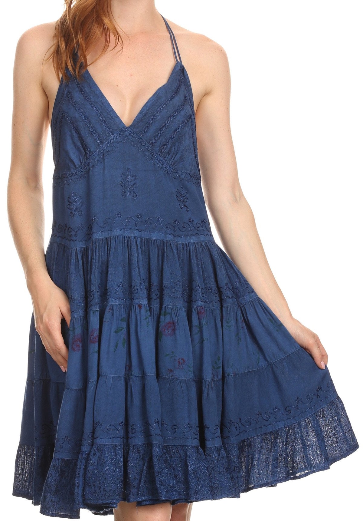 Sakkas Laye Short Adjustable Halter Top Embroidered Floral Batik Circle Dress