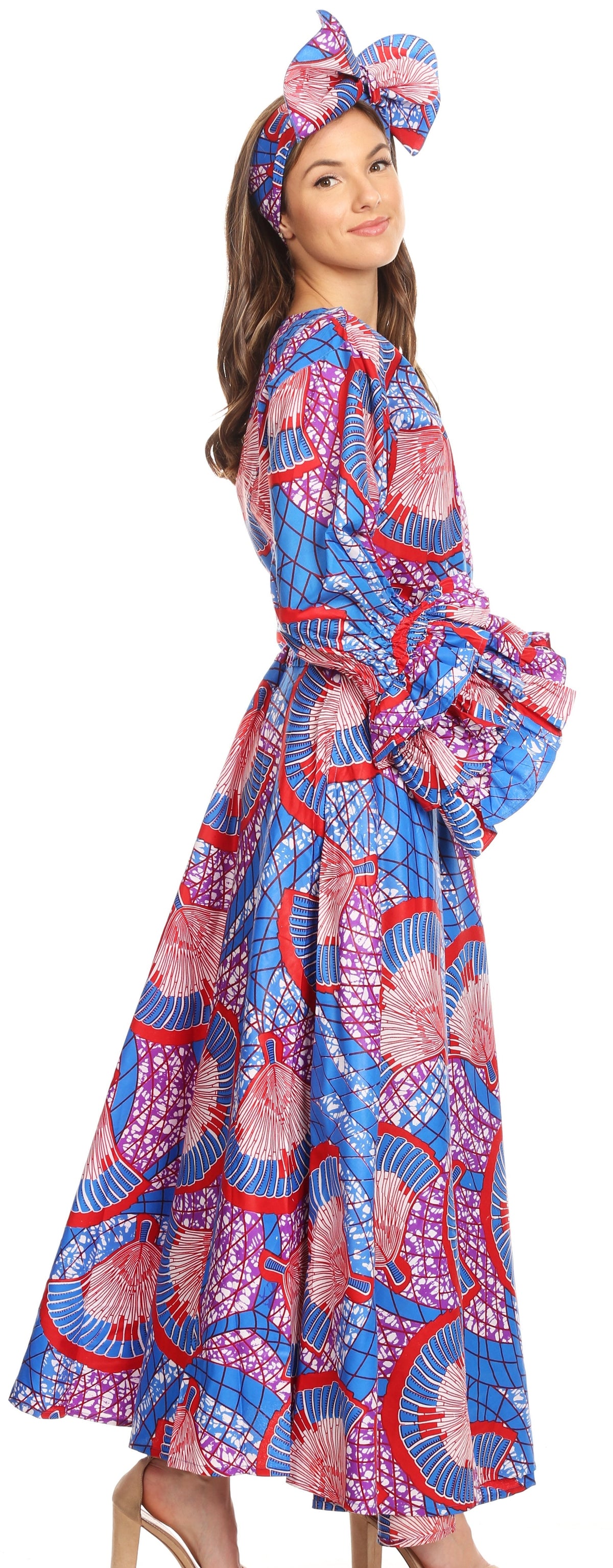 Sakkas Tale Women's Maxi Long Sleeve Wrap Dress with Pockets African Ankara Print