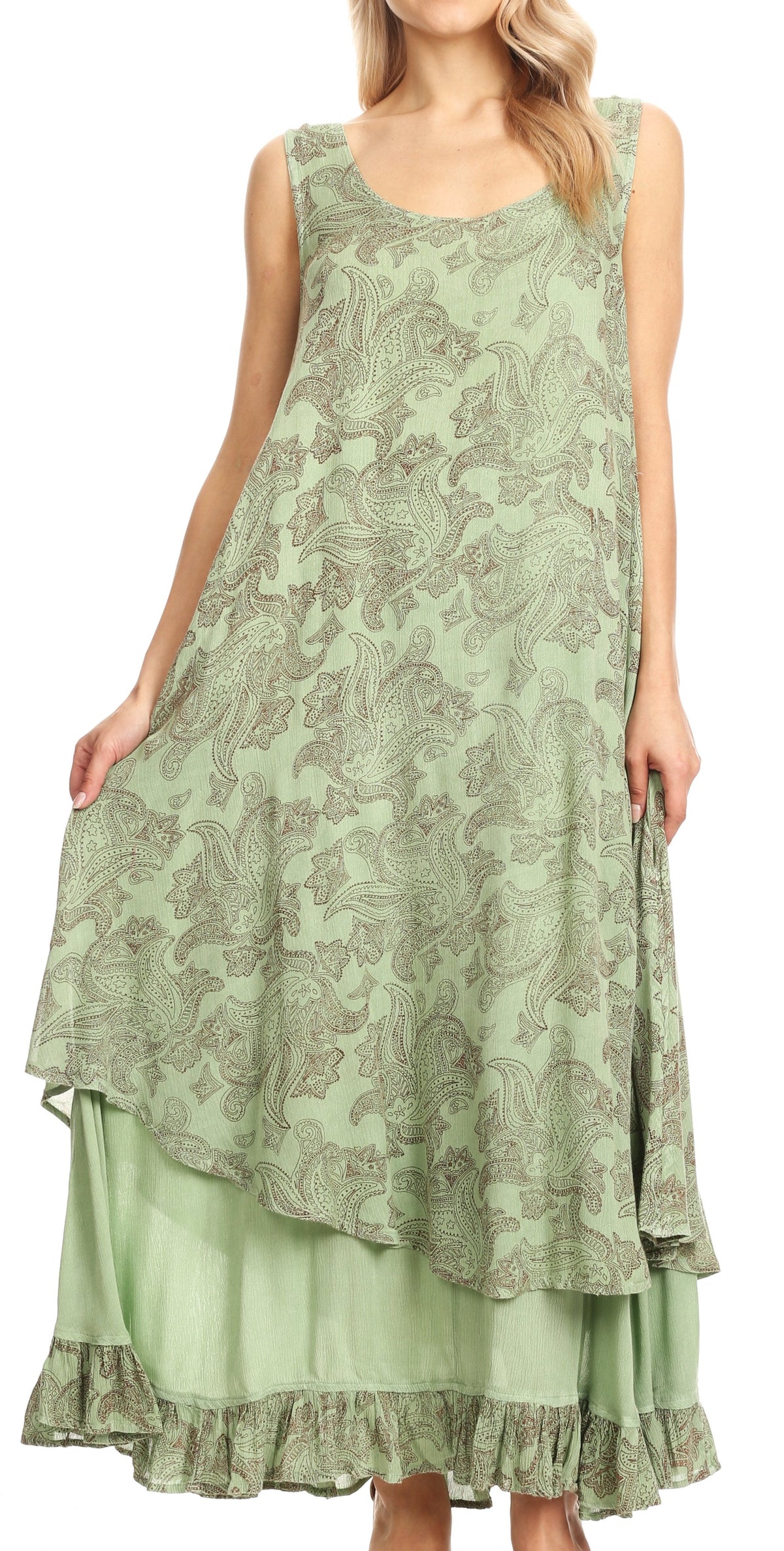 Sakkas Paak Tall Long Batik Paisely Print Ruffle Hem Lined Caftan Tank Top Dress
